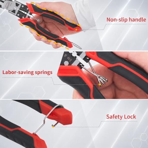 Image of Linemans Pliers, 8.3 Inch Combination Pliers, | with Wire Stripper and Crimper, Spring Loaded with Safety Lock, 5-in-1 Linesman Pliers for Cutting, Crimping, Stripping