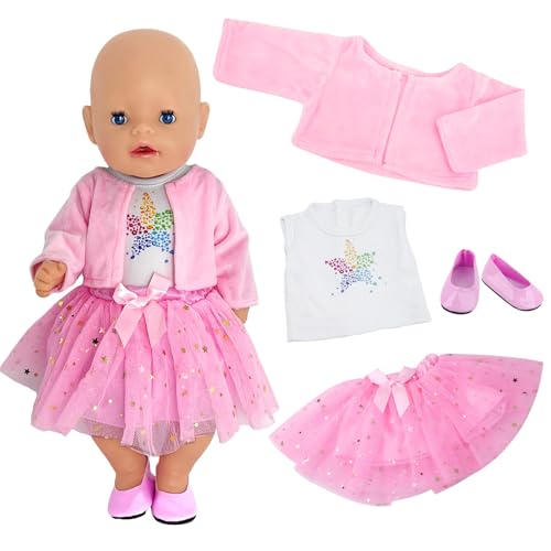 Puppenkleidung 43cm 36cm 38cm, 4 Stück Rosa Puppezubehör 35-43cm Outfit mit Strickjacke Unterhemd Tutu Kleid Lederschuhe für 12-18 Zoll Puppen Zubehör Kinder Mädchen Geschenk