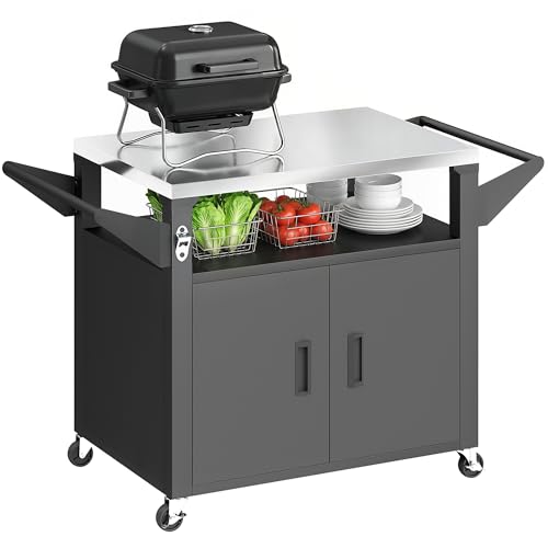 Outsunny Desserte Jardin avec Plan de Travail Inox - Chariot Barbecue à Étagère Coulissante - Meuble Cuisine Extérieur avec Armoire de Rangement pour Table...