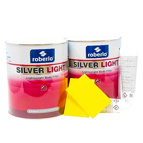 Roberlo Silver Light Lightweight Body Filler – Ultra Lightweight & Paintable for Car Repairs – Adheres to Fiberglass, Metal, Plastic & More – Ideal for Dents, Holes & Rust – 2 x 3L + Hardener