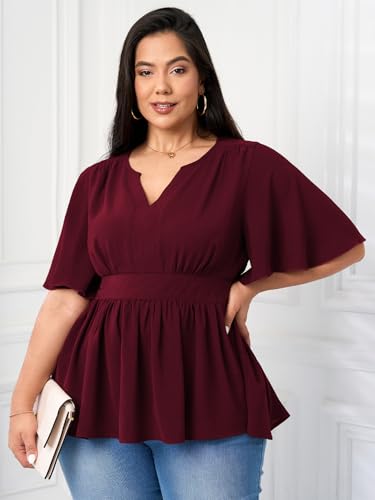 Women's Plus Size Peplum Tops V Neck Short Sleeve Summer Tops Babydoll Dressy Casual Top4