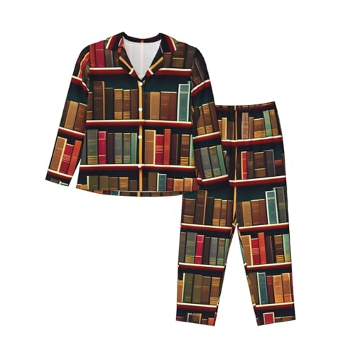 Pyjama 2 pièces imprimé bibliothèque vêtement de nuit manches longues homewear femme cosy