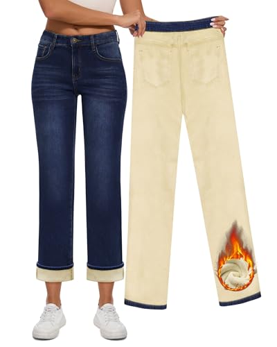 Yewfirm Women Fleece Lined Jeans Womens High Waisted Straight Leg Jeans Winter Fleece Lined Jean Pants Navy Blue Size 8