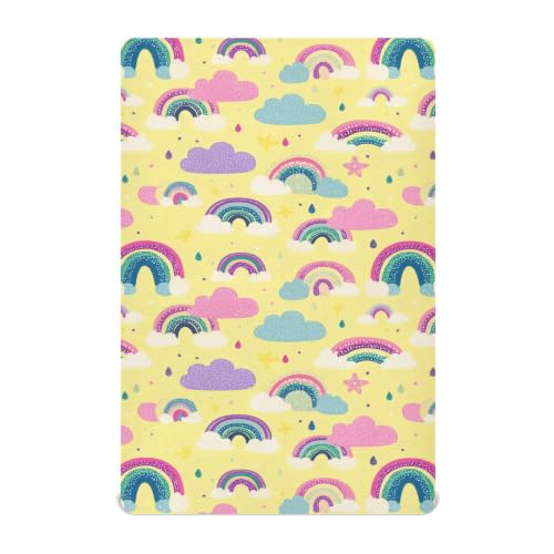Image of Crib Sheet Breathable Soft Crib Mattress Sheet for Baby Toddler Boys Girls Fitted Pack n Play Crib Sheet Fit Standard Crib Mattress 52 x 28 Inch Cute Yellow Rainbow Cloud