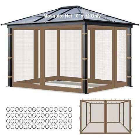 Gazebo Universal Replacement Mosquito Netting, 10' x 12' Outdoor Canopy Net Screen 4-Panel Sidewall Gazebo Curtains with Zipper for 10' x 12' Gazebo Patio (Khaki, 10' x 12') Cover