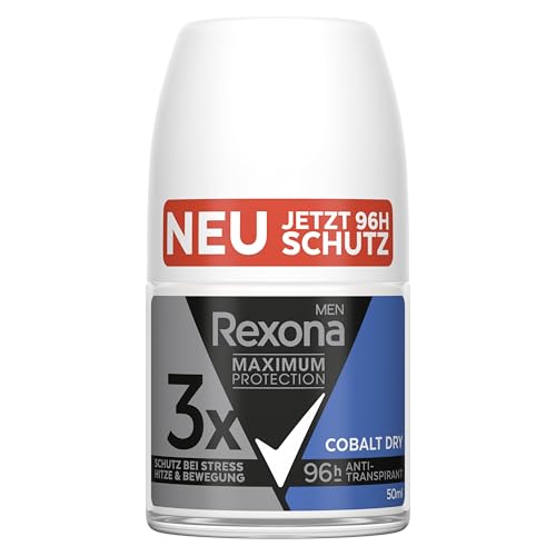 Rexona Men Maximum Protection Desodorante Roll-On Cobalt Dry Anti Transpirant con 3 x Protección contra estrés, calor y movimiento, 96 horas de protección extrema, 6 x 50 ml