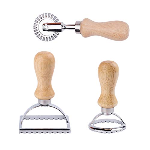 Ravioli Cutter McoMce 2 Pcs Ravioli Maker and 1 Pcs Pasta Cutter Ravioli Stamp Maker Cutter with Wooden Handle and Fluted Edge Pizza Cutter Wheel Mold for Pasta and Dumplings Lasagna 3 Set