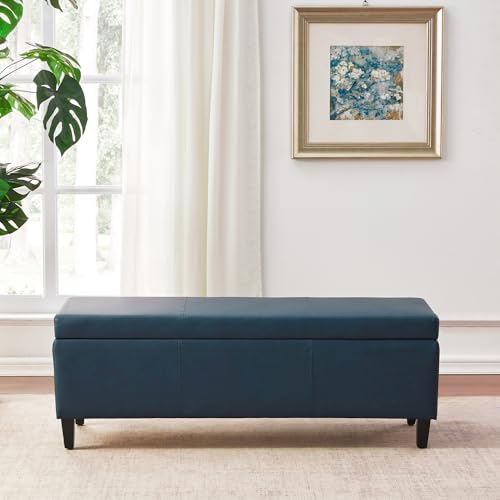 Image of HUIMO Faux Leather Storage Ottoman Bench 50.3 Inch Extra Long PU Upholstered Bedroom Bench with Large Storage Space for The Living Room, Entryway, Bedroom Hold Up to 300lbs (Peacock Blue)