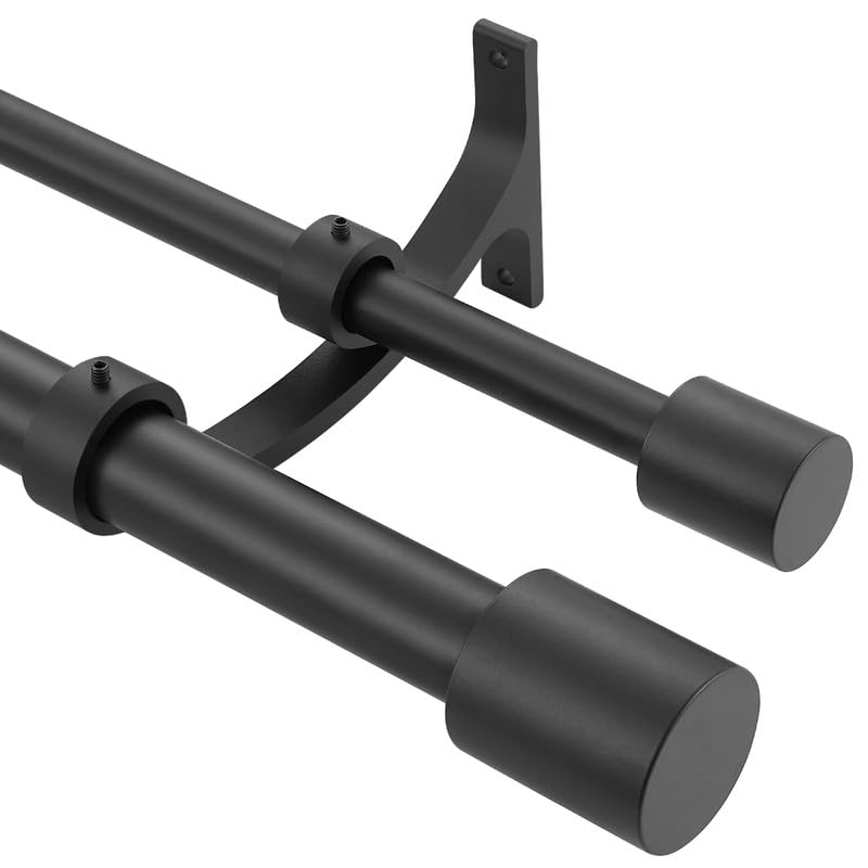 Double Curtain Rods for Window 72 to 144 Inch (6-12ft), Matte Black Double Drapery Rod, Heavy Duty 1 Inch Front and 5/8 Inch Back Double Window Rod, Decorative Double Rod Curtain Rods with Cap Finials