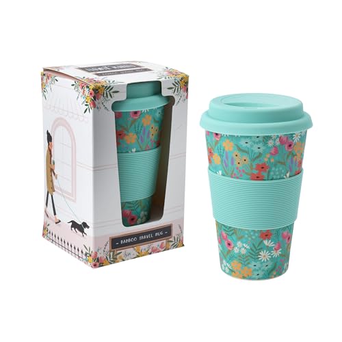 CGB Giftware | The Flower Market Teal Floral Bamboo Travel Mug | with Silicone Grip Along with Slicone Lid | in Gift Box | Travel Accessory | On The Go | GB07131