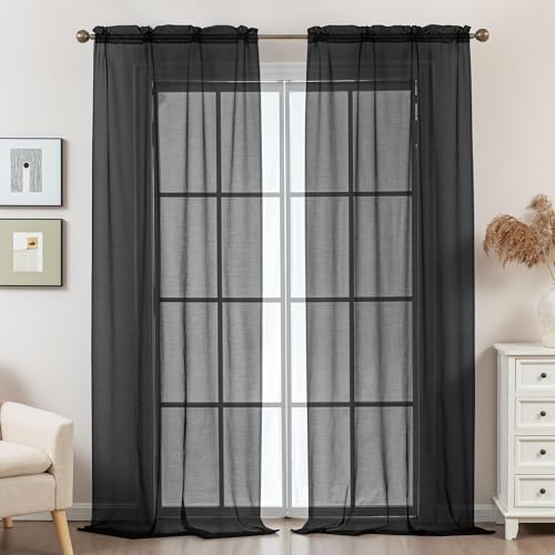 Image of Black Sheer Curtains 96 Inches Long, Privacy Semi Sheer Curtains for Living Room Bedroom, Light Filtering Rod Pocket Voile Window Drapes 2 Panels Set, Each 42 inch W x 96 inch L
