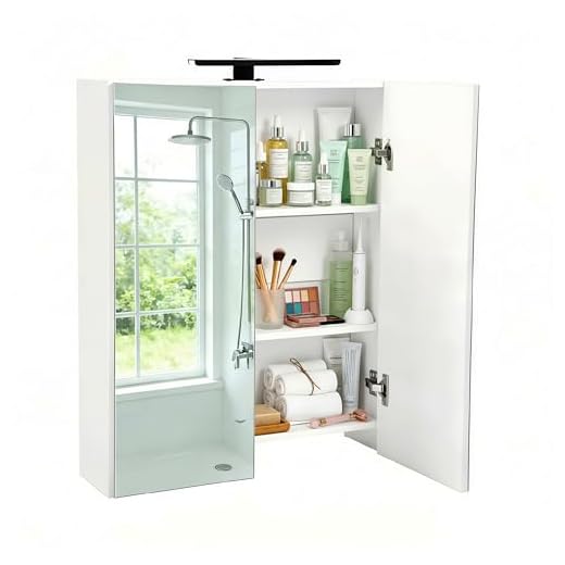 Songvas Spiegelschrank Bad mit Beleuchtung, Badezimmerschrank 60 cm breit, Wandschrank, mit höhenverstellbaren Einlegeböden, für Badezimmer und WC, MDF, 60 x 16,5 x 70 cm, Weiß