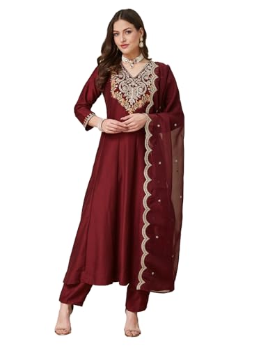 Image of MOKOSH Women's Silk Embroidered Anarkali Kurta Pant & Dupatta | Anarkali Kurta Set |Embroidered | V Neck 3 /4 Sleeve Ethnic Suit |3 Piece Outfit | Floral 3 Colour Options Available