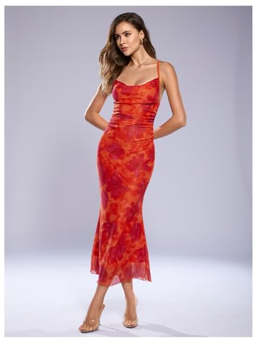 Image of SOLY HUX Women's Floral Mesh Bodycon Cami Dress Cowl Neck Sleeveless Cocktail Party Wedding Guest Long Maxi Dresses