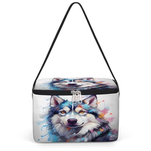 GzLeyigou Watercolor Husky Lunch Bags for Women Men 9 Cans, Hot & Cold Food Delivery Bag Insulated Grocery Bag Insulated Lunch Box Husky Dog Cooler Bag for Office Work Picnic Beach