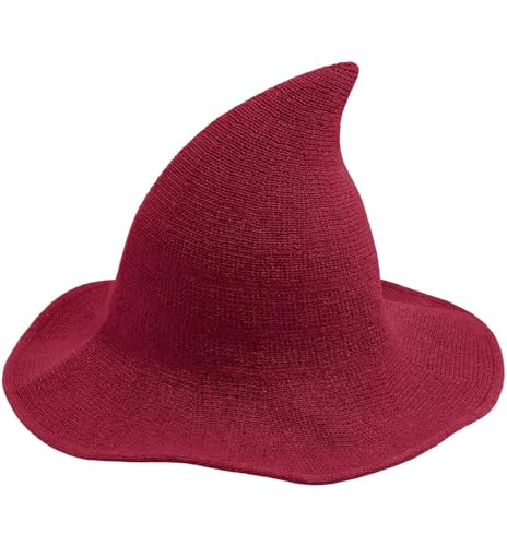 YouNuo Witch Hat for Women & Adults - Classic Halloween Knitted Wool Wizard Hat Wide Brim Foldable Pointed Witches Cap for Party Masquerade Cosplay Costume Dress Up Accessories Red