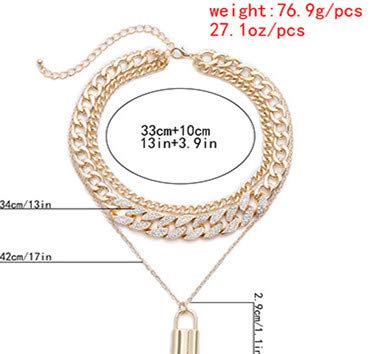 Colorful Bling Shiny Hip Hop Rhinestone Cuban Link Chain Lock Pendant Necklace With Bracelet Set Punk Cubic Zircon Layered Choker Necklace For Women Unisex Jewelry-A Gold #TOP4