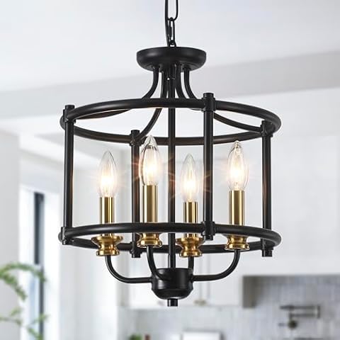 Yidelloc Modern Farmhouse Chandelier 4-Light Black Gold Dining Room Light Fixtures Kitchen Island Pendant Light for Entryway Foyer Living Room Cover