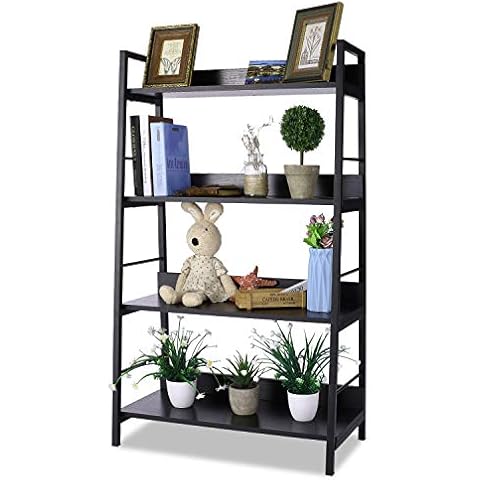 Oliote Industrial Ladder Shelf, 4-Tier Bookshelf, Storage Rack Shelves, Wood and Metal Bookshelves, Plant Flower Stand Rack, Bathroom, Living Room, Wood Look Particle Board Furniture, Classic Black Cover