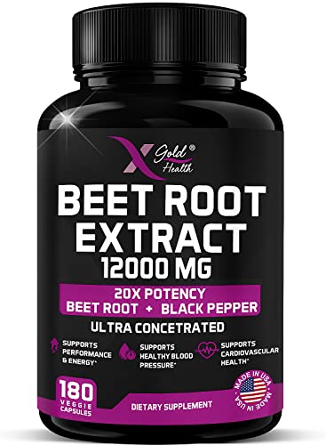 Beet Root Extract Capsules - 12000mg 20x Concentrated Beet Root Capsules Supplement w/ Black Pepper - High Nitrates - Natural Nitric Oxide Booster - Highly Concentrated & Bioavailable -180 Veggie Caps