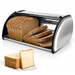 ADEPTNA Stainless Steel Bread Bin – Large Vintage Roll Top Bread Box for Kitchen Countertop – Loaf Storage Canister Keeps Bread Fresh – Durable Metal Food Container with Smooth Roll Cover
