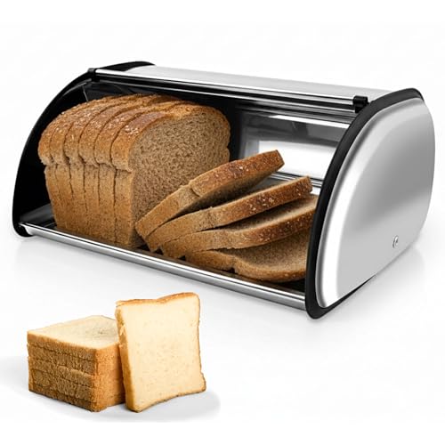 ADEPTNA Stainless Steel Bread Bin – Large Vintage Roll Top Bread Box for Kitchen Countertop – Loaf Storage Canister Keeps Bread Fresh – Durable Metal Food Container with Smooth Roll Cover