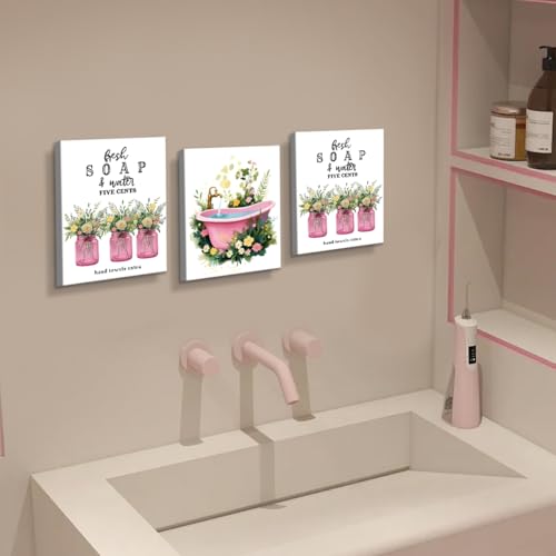 Pink Bathroom Wall Art Canvas Prints,Boho Framed Art Posters Hallway Restroom Wall Decor Floral Botanical Aesthetic Decoration Set of 3 (8"x10") by QPOKLAF - Image 5