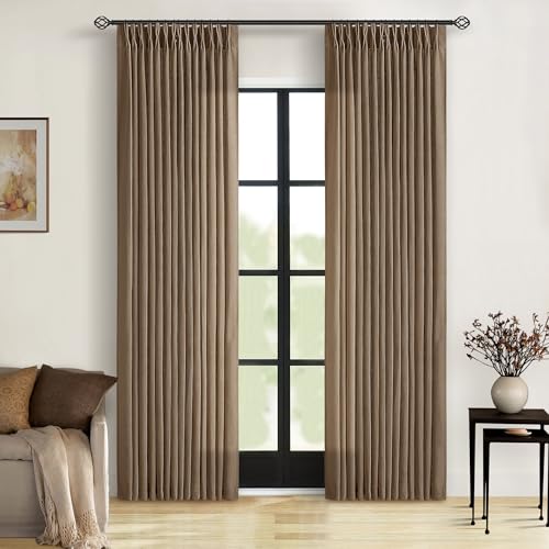 Image of TWODRAPES Brown Pinch Pleated Linen Curtains 84 Inches Long 2 Panels Set Living Room Dining Pinch Pleat Back Tab Light Filtering Boho Farmhouse Bedroom Window Curtain Drapes 84 Inch Length Dutch Cocoa