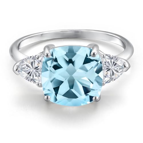 Gem Stone King 10K White Gold Sky Blue Topaz and Lab Grown Diamond Engagement Ring For Women | 4.99 Cttw | Cushion 10MM | Gemstone November Birthstone | Available in Size 5,6,7,8,93