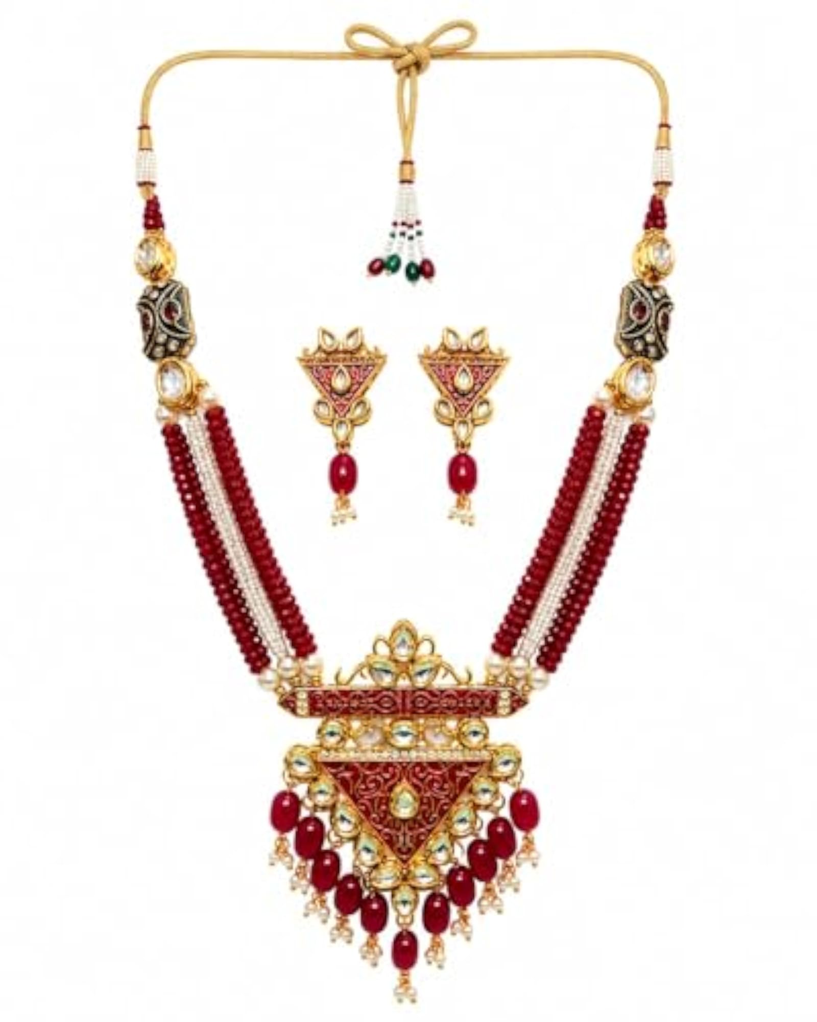 Ruby Red Kundan Meenakari Long Necklace Set with Matching Earrings