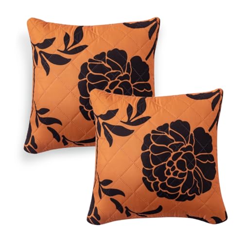 Image of HOKIPO 'Elira Series' Printed Quilted Cushion Cover for Sofa 16x16 Inches, Set of 2, Copper Brown Floral (AR-6231-C8*2)