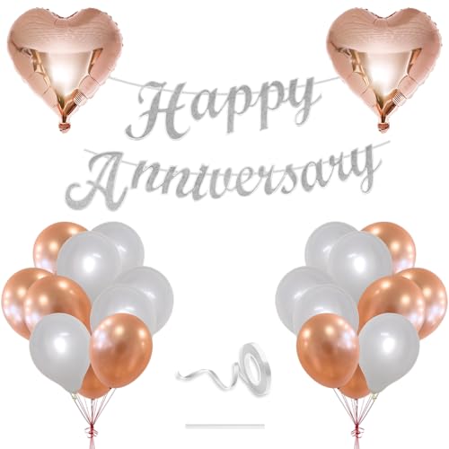 Image of Flyloons Happy Anniversary Decoration Items Rose Gold White for Men Women Husband Wife Mom Dad Parent Couple Home Bedroom Car With 20 Pcs Metallic Balloons Anniversary Banner 2 Pcs Heart Set Kit