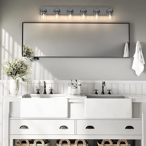 Image of Bathroom Vanity Light, 6 Light Bathroom Light Fixtures Over Mirror, Black Vanity Lights with Clear Glass Shade, Modern Bathroom Light Fixtures for Bedroom, Hallway