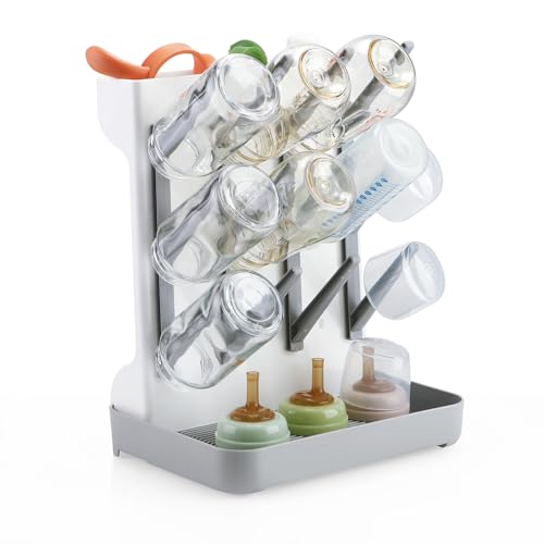 Image of PandaEar Baby Bottle Drying Rack, Vertical Space-Saving Bottle Dryer Stand for Countertop with Removable Water Tray & Pegs, Holds Bottles, Nipples, Sippy Cups & Accessories, Grey