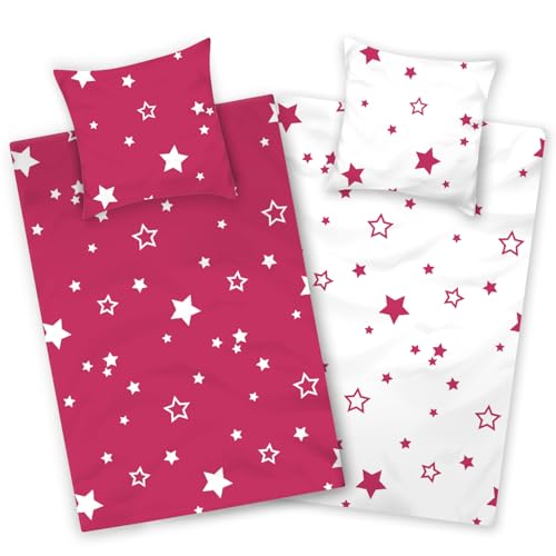 Aminata kids Bettwäsche 135x200 Baumwolle Sterne pink weiß Stern-Motiv...
