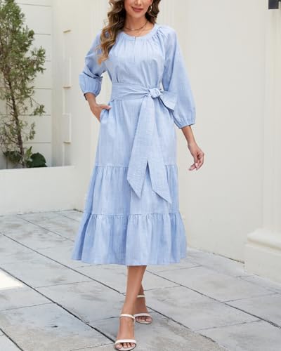 Image of YEXPINE Women's Ruffle Maxi Dress Puff Sleeve Flowy Tiered Long Dress with Belt