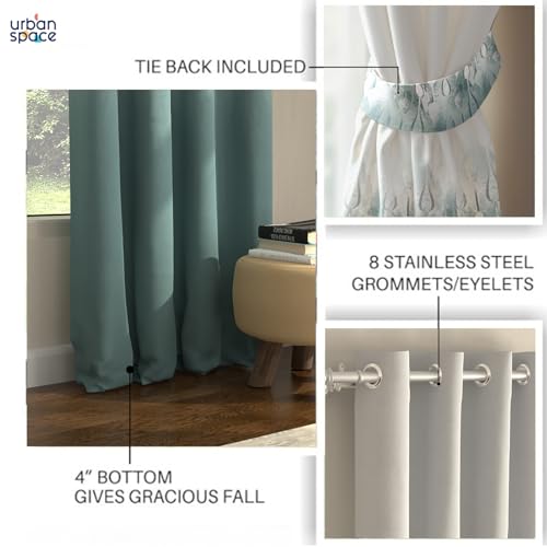 Image of Urban Space Blackout Curtains 8 Feet Set of 2 for Long Door, 80-85% Light Blocking Curtains for Living Room, Digital Printed Curtains with Eyelets, Tieback Included (Sea Mist Turquoise, 8 Feet)