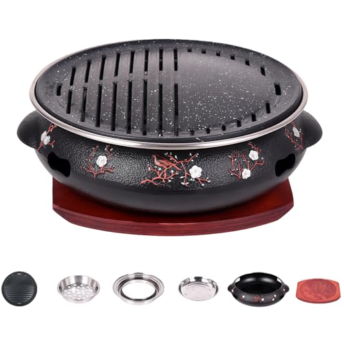 Quxxuol バーベキューグリル 焼肉プレート バーベキューコンロ 焚き火台 卓上七輪 木炭ストーブ 卓上調理器 鋳鉄製 防錆 お手入れ簡単 耐高温性 焼き皿付き 多機能 家庭用業務用 (セミストライプグリルパン)