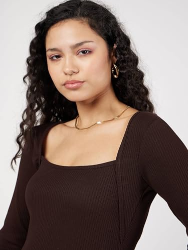 Image of SASSAFRAS Women's Slim Fit Full Sleeves Rib Square Neck Ribbed Basics - Casual Ribbed T-Shirt Tops