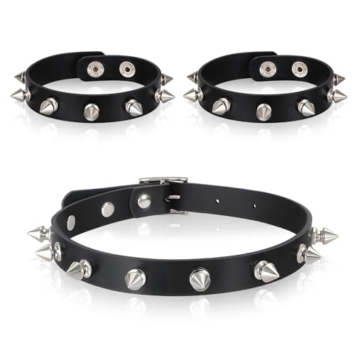 3 Pcs Leather Goth Spiked Choker, Studded Spiked Bracelets Punk Accessories Jewelry Set Leather Chokers Vintage Rock Punk Jewelry Gothic Accessories for 80s 90s Women Men Black Wristband