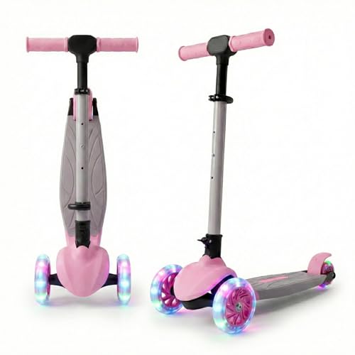 Image of STREETJAM Zoltra LED Wheel Kids Kick Scooter 3-12 Years, LED Light Wheels, BIS Approved, Lean-to-Steer Control, Extra Wide Deck, Vibrant Two-Tone Design, Up to 50 kg Load (Baby Pink with Grey)