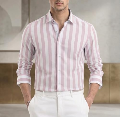 Image of IndoPrimo Men's Striped Cotton Shirt | Slim Fit Stylish Casual Shirt for Man | Full Sleeve Summer Wear Vertical Stripe Shirt for Office, Vacation