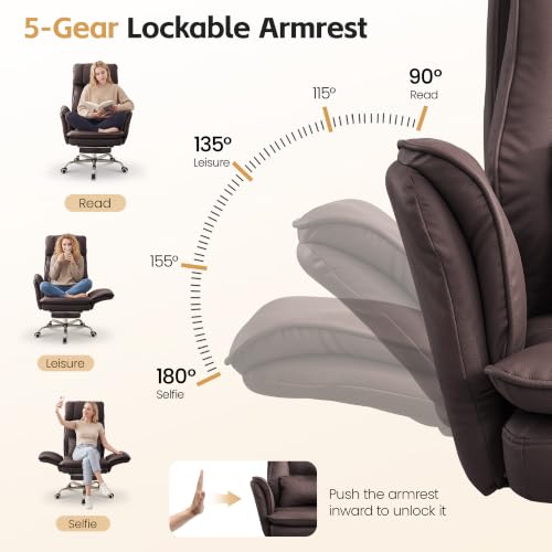 Image of Big and Tall Office Chair, Footrest & Flip Armrest for Pets, PU Dark Brown | Executive Ergonomic Criss Cross Chair, Reclining High Back Desk Chair, Leather Swivel Computer Chair with Lumber Pillow