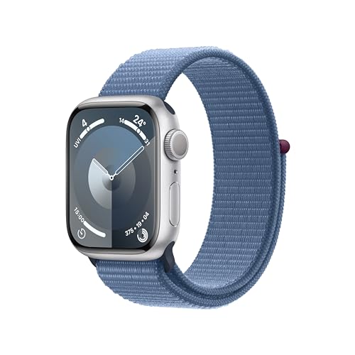Image of Apple Watch Series 9 [GPS 41mm] Smartwatch with Silver Aluminum Case with Winter Blue Sport Loop One Size. Fitness Tracker, Blood Oxygen & ECG Apps, Always-On Retina Display, Water Resistant