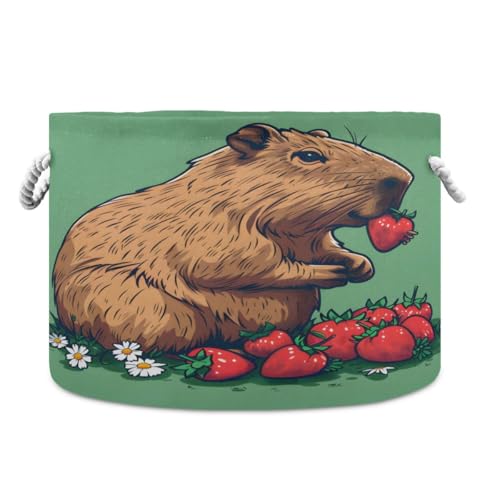 Round Storage Basket Capybara Eating Strawberries Open Home Storage Bin 20 * 13.9in