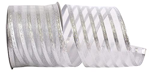 Image of Metallic Silver Striped Christmas Ribbon - 2 1 /2 inch x 10 Yards, Wired Edge, Wreath, Wedding, NYE, Gift Wrapping, Garland, Anniversary, Reception