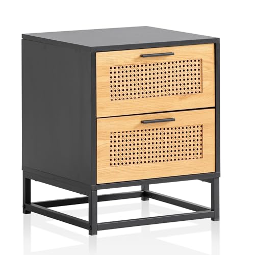 FineBuy Nachtkonsole Schwarz mit Wiener Geflecht 45x45x56 cm Nachttisch Zeitlos, Nachtkommode Boxspringbett mit Schubladen, Nachtkästchen mit Stauraum