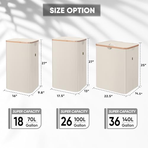 Image of BALEINE Laundry Hamper with Lid, Tall Laundry Baskets with Bamboo Pull Handles, Large Laundry Bin with Internal Support (18 Gal /70L, Beige)