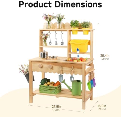 Wooden Mud Kitchen for Kids Outdoor - Play Kitchen with Real Running Water Sink & Removable Sink, 10-Piece Accessory Set with Stainless Steel Cookware & Planter Pots, Montessori Toy Gift for Ages 3+ — view 6