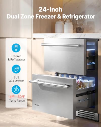 Image of VEVOR 24 inch Drawer Refrigerator with Freezer, Undercounter Fridge & Freezers | 304 Stainless Steel Drawers, Beverage Cooler for Fruit, Freezing Zone for Frozen Food, Ideal for Kitchen, Bar & Game Room
